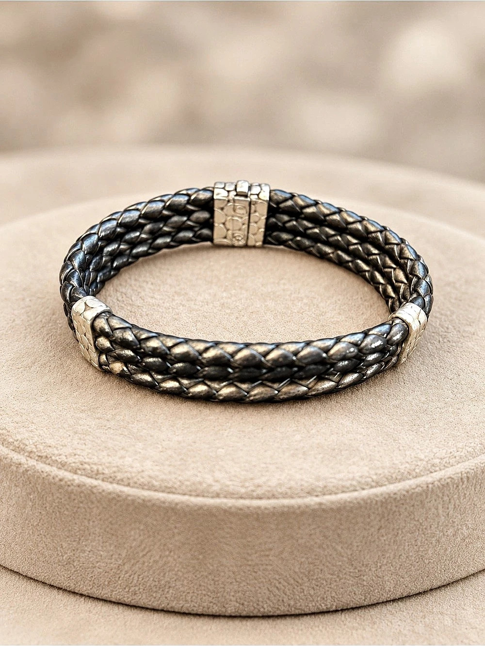 John Hardy Braided Leather Bracelet Black & Silver